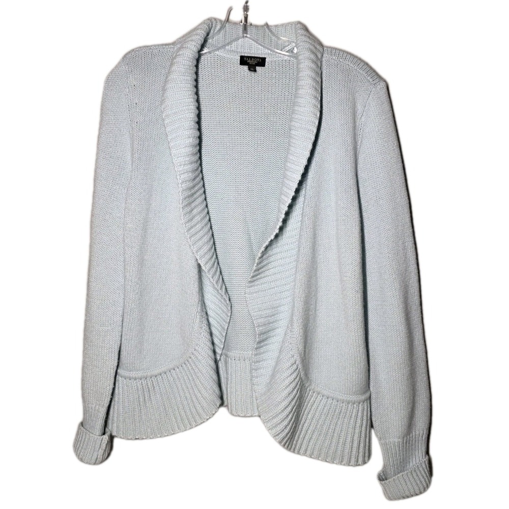 Talbots Lambswool Cardigan Medium  Light Blue Petit Knit Open Front Shawl  Cozy